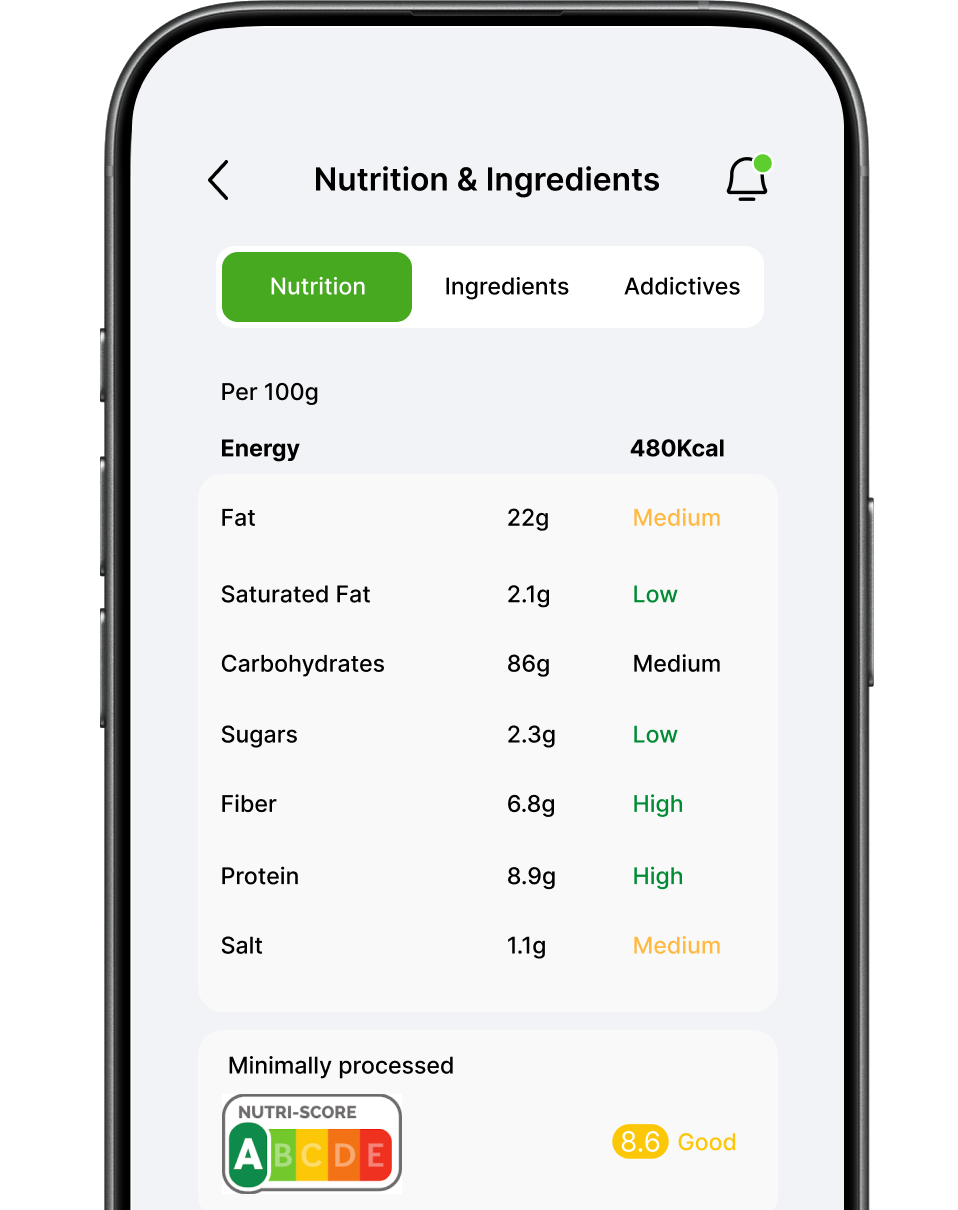 VitaFlow app showing the nutrition breakdown for a scanned product